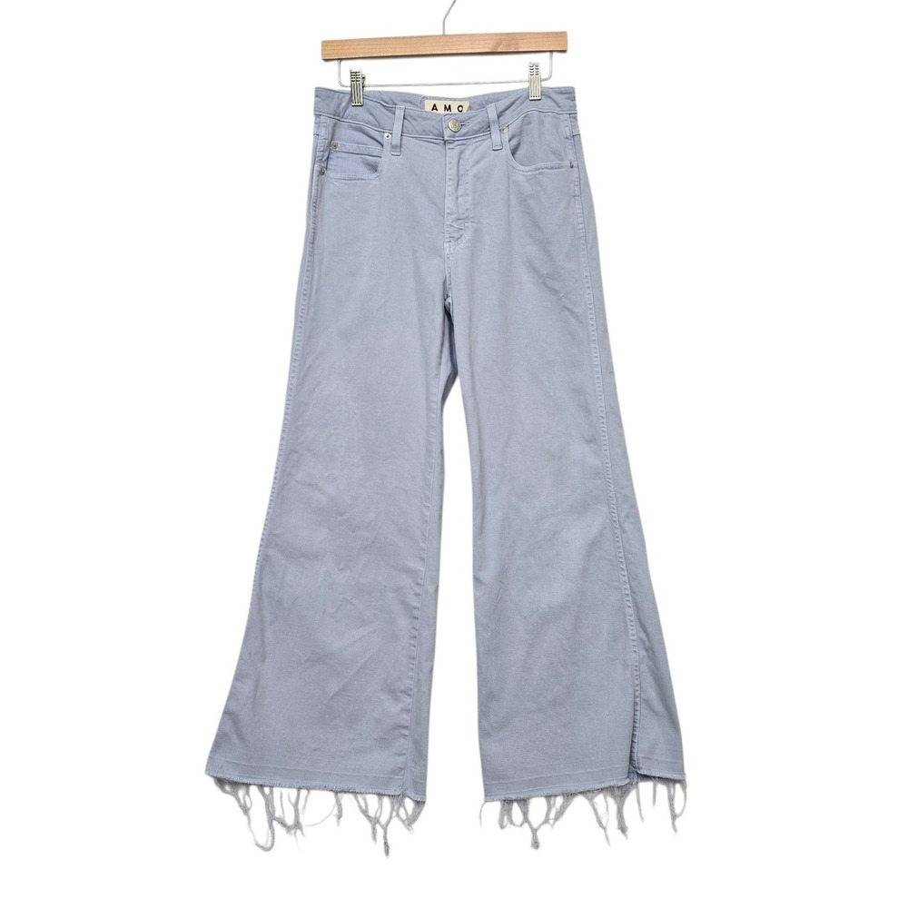 AMO Elizabeth Wide Leg Jeans Periwinkle Blue Raw Fringe Hem Size 27 Made in USA
